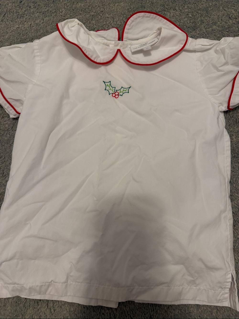 Girls White Short-Sleeve Top with Red Trim and Holly Embroidery